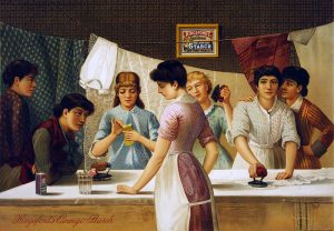 Kingsford’s Oswego Starch. Advertisement showing seven women around table ironing. Julius Bien & Co., N.Y., Public domain, via Wikimedia Commons.