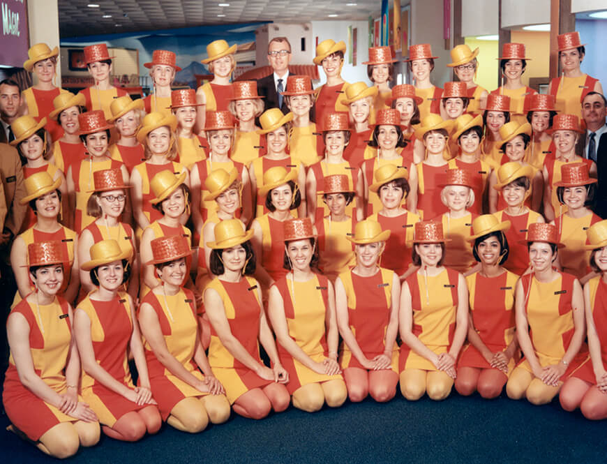 Group portrait of the attendants in the Bell Telephone System Pavilion